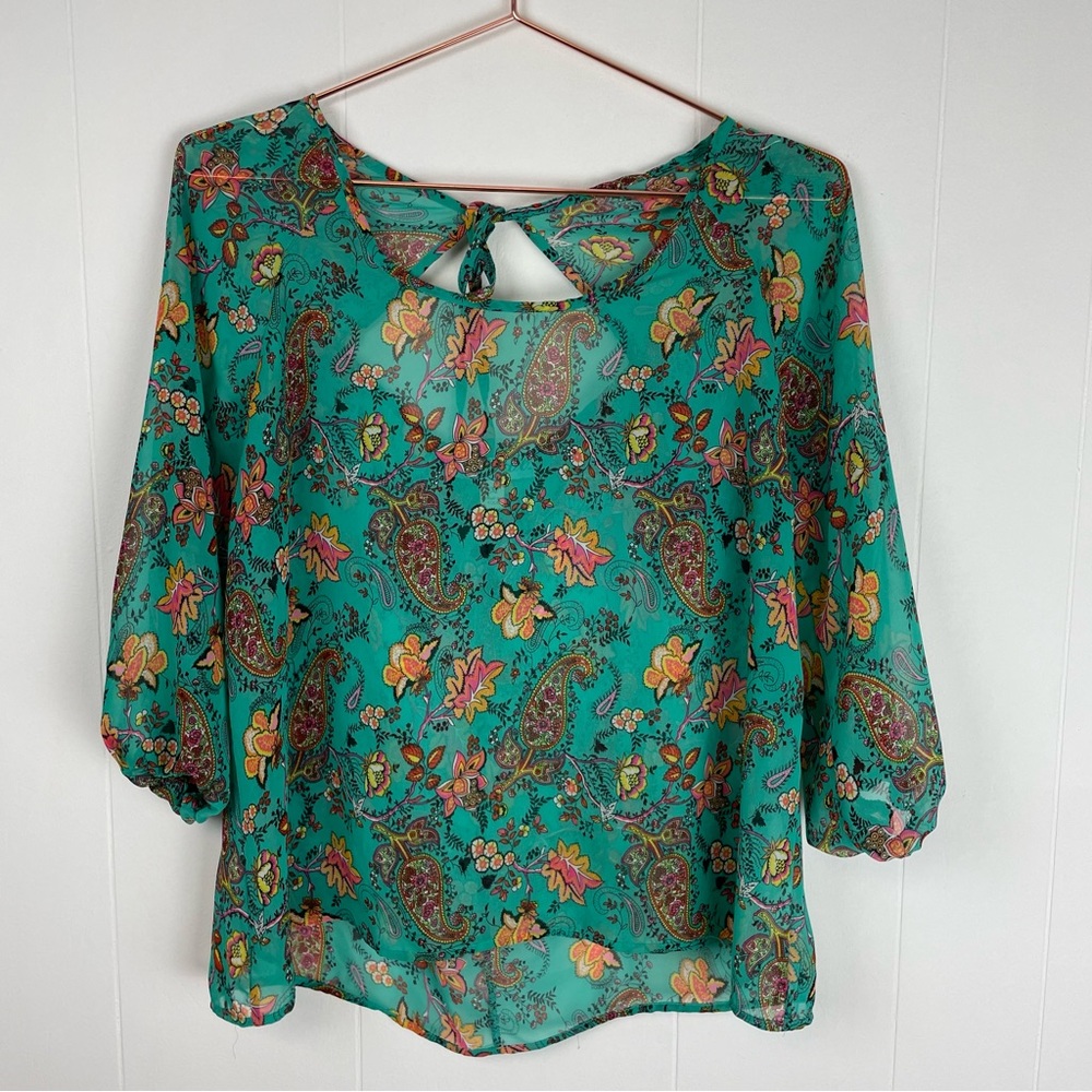 dina be Paisley Print 3/4 Sleeve Tie-Back Blouse Top
